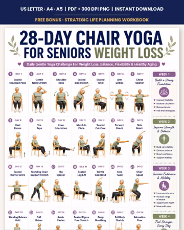 28-Day chair yoga for Seniors for Weight Loss | Gentle Seated Exercise Poster , Balance & Flexibility | Printable Senior Workout Wall Art