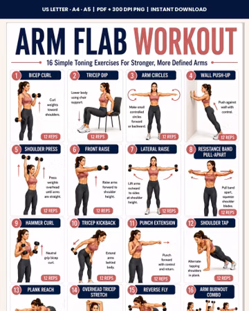 Arm Flab Workout Printable | 16 Arm Toning Exercises Chart | Tone Tighten Arms Women | Home Workout Poster | Instant Download