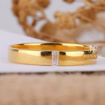 Baguette Cut Moissanite Diamond Band Mens Solitaire Baguette Cut Diamond Ring Minimalist Solid Gold Flush Set Diamond Wedding Band for Women