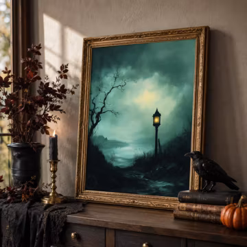 Moody Lamp Post on Gothic Moor - Atmospheric Landscape Art Print, Spooky Vintage-Inspired Decor, Warm Glow in Twilight, Digital Download 372