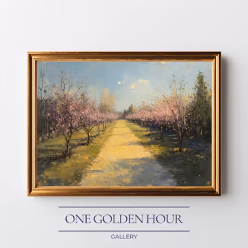 Sunlit Spring Orchard Pathway - Cottagecore Landscape Art, Pastoral Springtime Scene, Tranquil Blossoming Trees, Printable Wall Decor 17