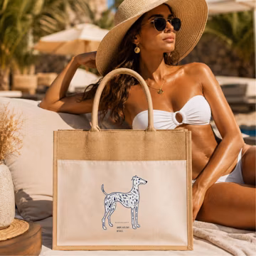 Inspirational Dog Illustration Large Tote Bag, Beach Summer Jute Tote Bag, Coastal Dog Bag, Vacation Beach Tote, Minimalist Seaside Shopper