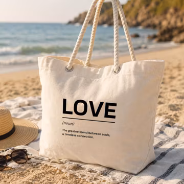 LOVE Definition Cotton Beach Tote Bag, Coastal Summer Bag, 25L Rope Handle Tote, Romantic Gift for Her, Beach Vacation Carryall