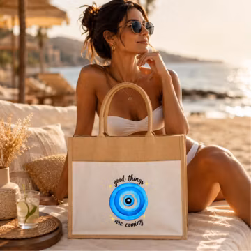 Evil Eye Canvas Tote Bag, Boho Aesthetic Shopper, Positive Vibes Bag, Gift for Her, Spiritual Gift