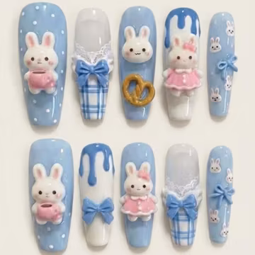 3D Bunny Press On Nails | Kawaii Blue Gingham Coquette Nail Art