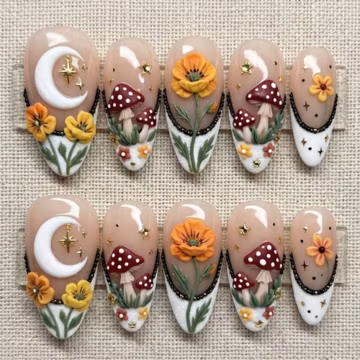 3D Mushroom & Flower Press On Nails | Cottagecore Celestial Moon Star Nails | Whimsical Botanical Forest False Nails V0303
