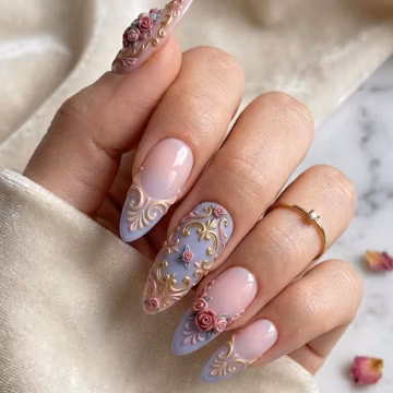 Rococo Reverie Press On Nails | 3D Rose & Gold Filigree Luxury Nails | Royal Baroque Wedding False Nails | Marie Antoinette Inspired Art