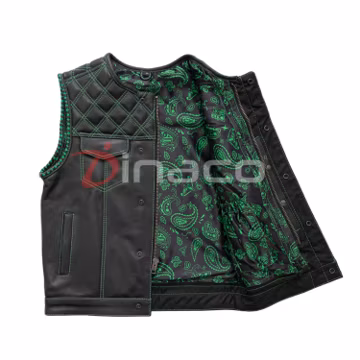Men's Black Cowhide Leather Motorcycle Vest Green Paisley Contrast Stitch Club Biker Waistcoat