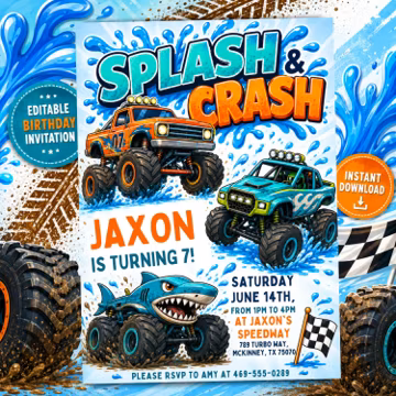 Watercolor Monster Truck Pool Party Invitation: Editable Canva Template (5x7) (Digital Download