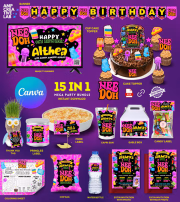 Needoh Squishy Birthday Party Bundle, Editable Canva Birthday Decorations for Kids Party (Digital Download)