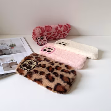 Leopard Fluffy Fur Case for iPhone 17 Pro Max 16 Plus 15 14 13 12 11, Soft Furry Cover with Kickstand Camera Frame
