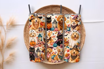 Halloween Pets 20oz Skinny Tumbler Sublimation PNG Wrap, Cute Dogs and Cats Autumn Design Digital Download