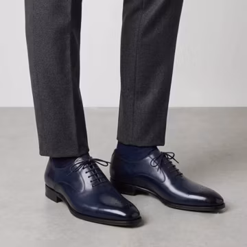 Handmade Men’s Navy Blue Leather Oxford Shoes | Medallion Toe Formal Dress Footwear