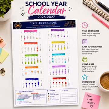 2026โ2027 School Year Calendar Template, Editable Canva Flyer (Digital Download)