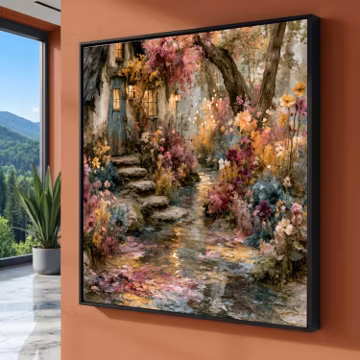 Enchanted Cottage Pathway Canvas, Rustic Garden Wall Art, Autumn Floral Landscape, Fairy Light Nature Scene, Cozy Home Decoration