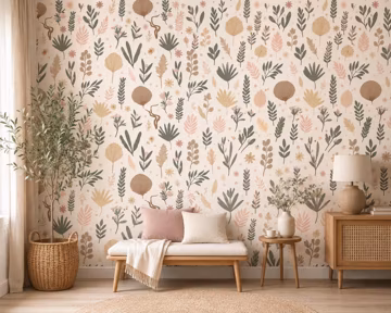 Boho Botanical Wallpaper | Peel and Stick Wallpaper | Neutral Floral Wall Mural | Scandinavian Nature Wallpaper | Removable Wallpaper