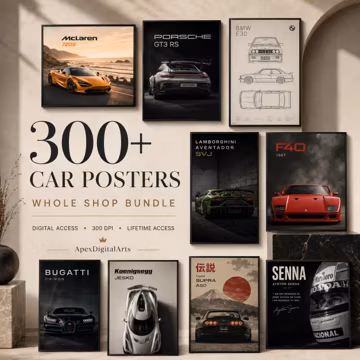 300+ Car Poster Bundle, Supercar JDM F1 Racing Wall Art, Whole Shop Automotive Prints, Garage Man Cave Decor, Digital Download