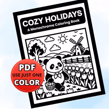 Monochrome Holiday Coloring Book, Cozy Hygge Animals, 40 Pages (PDF Download)