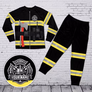 Custom Fireman Uniform Pajamas, Personalized Fire Department Long PJ Set, Firefighter Gift for Men Women Kids, Realistic Fire Suit Sleepwear