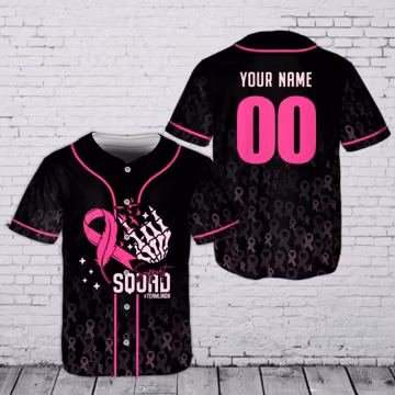 Personalized Pink Ribbon Baseball Jersey, Support Squad Breast Cancer Shirt, Custom Name Number Awareness Gift, Skeleton Hand Warrior Top