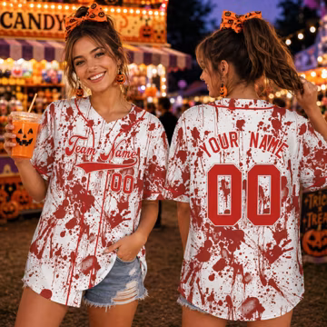 Personalized Bloody Halloween Baseball Jersey, Custom Name Number Horror Sports Shirt with Blood Splatter Design for Halloween Party Gift