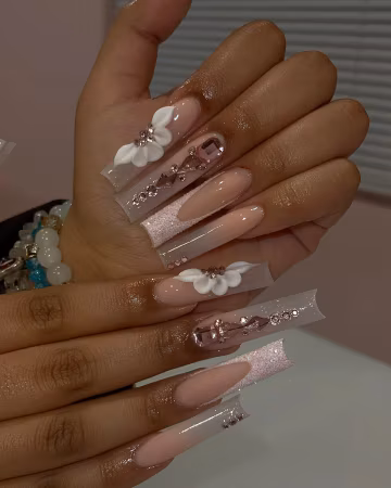 Luxury 3D White Flower Press On Nails | Pink Rhinestone Glitter French Tip Long Square Fake Nails | Elegant Wedding Prom Birthday Nail Art
