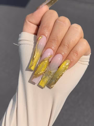 Luxury Gold Chrome 3D Flower Press On Nails | Hand Painted Molten Metal Textured Design | Long Coffin Fake Nails for Wedding, Birthday Party