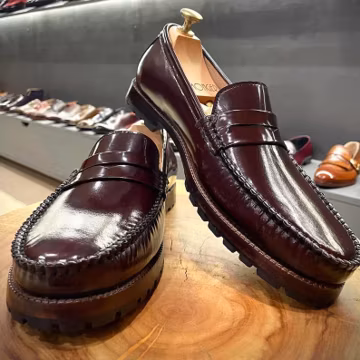 Men's Handmade Burgundy glossy moc toe penny loafers, chunky sole shoes