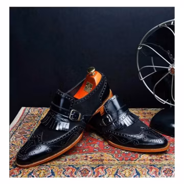 Handmade Black Leather Wingtip Monk Strap Shoes: Men's Brogue Dress Shoes
