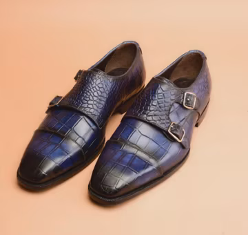 Men’s Handcrafted Blue Double Monk Strap Shoes – New Year Gift – Pure Leather Croco-Texture Footwear
