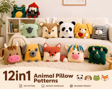 12 Animal Pillow Crochet Pattern Bundle, Amigurumi Cushion PDF Set, Dog Panda Fox Frog Koala Unicorn Cat Dino Reindeer Cow Bunny Gnome