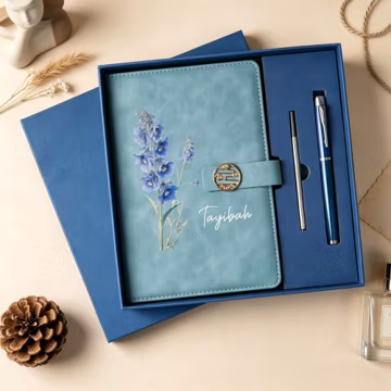 Personalized Name Leather Journal Set, Birth Flower Printed Notebook & Pen, Deluxe Stationery Gift Box, Custom Thoughtful Keepsake Gift