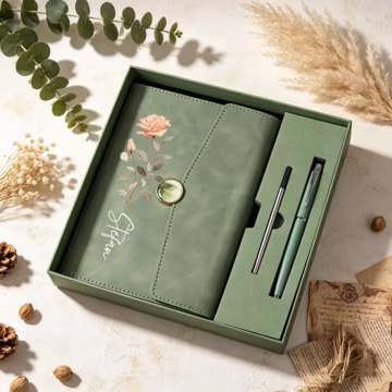 Personalized Floral Leather Notebook Set, Custom Name Journal with Pen, Birth Flower Gift, All Occasion Stationery Gift Box