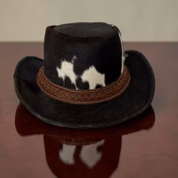 Black and White Cowhide Leather Cowboy Hat, Western Hat with Braided Hatband, Gothic Steampunk Festival Hat, Wide Brim