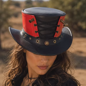 Red and Black Genuine Leather Cowboy Hat, Gothic Western Hat with Lace Up Detail, Steampunk Festival Hat, Wide Brim