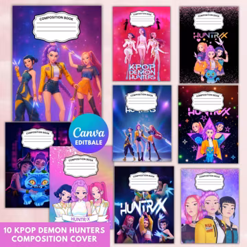 KPop Demon Hunters Composition Notebook Covers, Composition Book Cover template, Canva Composition Notebook Designs,Back to School Printable