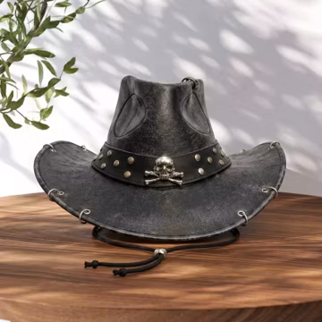 Skull Leather Cowboy Hat | Mens Western Biker Headwear | Vintage Pirate Gothic Aesthetic