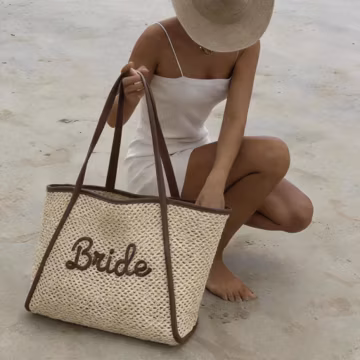 Personalized Straw Beach Tote Bag, Custom Name Rope Embroidery, Bridal Beach Wedding Bag, Bridesmaid Gift, Luxury Woven Tote A4 Size