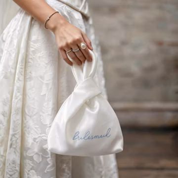 Personalized Satin Knot Bag, Custom Embroidered Bridal Wrist Bag, Japanese Style Ivory Clutch, Bridesmaid Wedding Gift