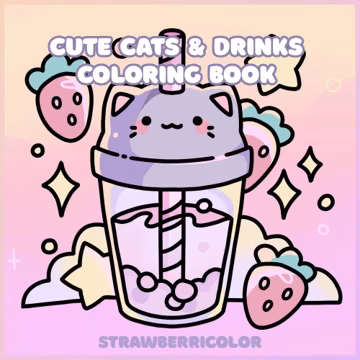 Kawaii Cats and Cozy Drinks Coloring Book | Hand-Drawn Cute Aesthetic Pages | 8 Easy Pages for Kids and Adults