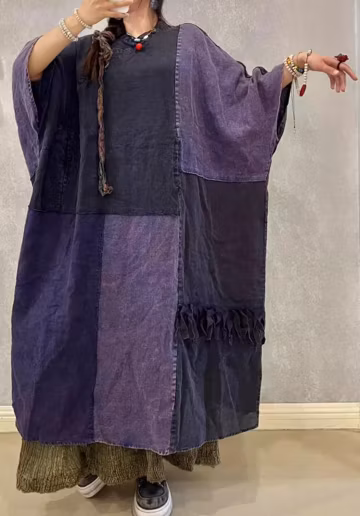 Women Long Dress, Linen Patchwork dress, Retro casual Spring Autumn dresses for Women's