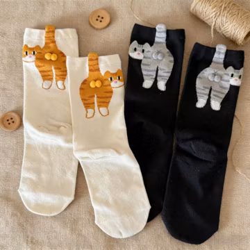 Cute Cat Socks with Tail,Funny Cat Butt Crew Socks,Orange Tabby & Grey Kitty,Cotton Hosiery,Kawaii Cat Mom Gift,Soft Cotton Crew Socks