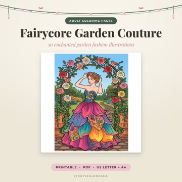 Fairycore Coloring Pages for Adults, Printable Fairy Garden Fashion Gowns, 30 Flower Coloring Sheets, Instant Download PDF, US Letter + A4