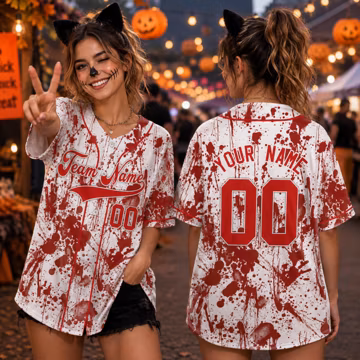Personalized Bloody Halloween Baseball Jersey, Custom Name Number Horror Sports Shirt with Blood Splatter Design for Halloween Party Gift