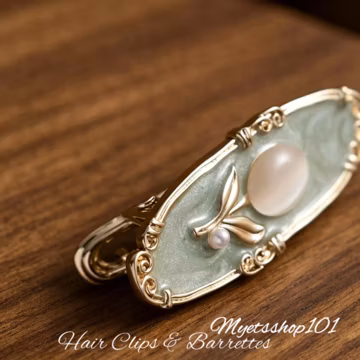 Enamel Oval Spring Hair Clips with Cat‑eye & Pearl Inlay | Vintage French Floral Hair Barrettes | Gold Curved Frame | Daily Hair Accessories