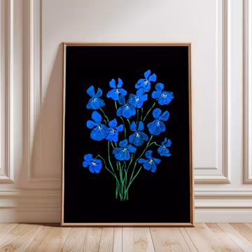 Blue iris dark floral wall art print, moody botanical bedroom decor (Digital Download)