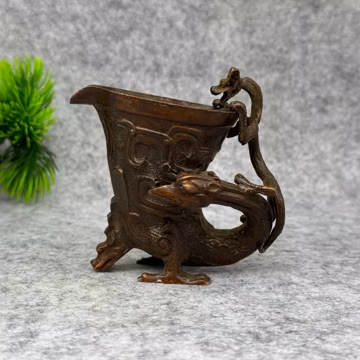 Vintage Bronze Carved Dragon and Phoenix Cup, Fengshui statue, Home decoration