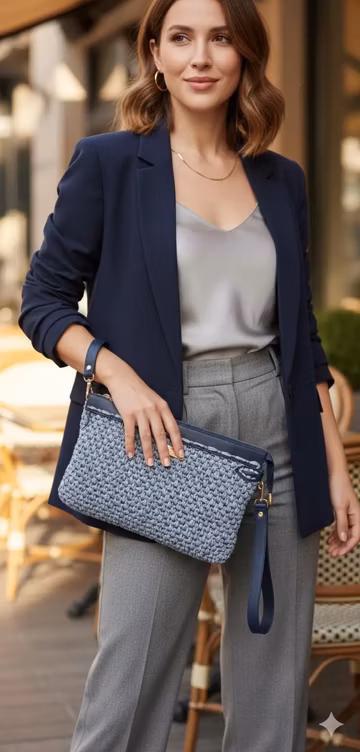 Light Blue Crochet Raffia Wristlet Bag, Integrated Leather Wallet, Summer Clutch handbag