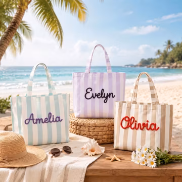 Personalized Striped Canvas Tote Bag, Beach Commute Carryall, Gift for Women