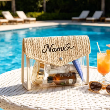 Personalized Straw Clear Makeup Bag, Embroidered Cosmetic Pouch, Boho Beach Accessory